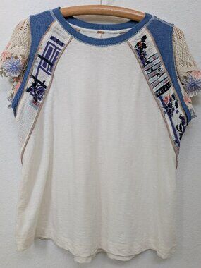 Free People Women’s “As If” Short Sleeve Tee Size Small (Blue & Cream)